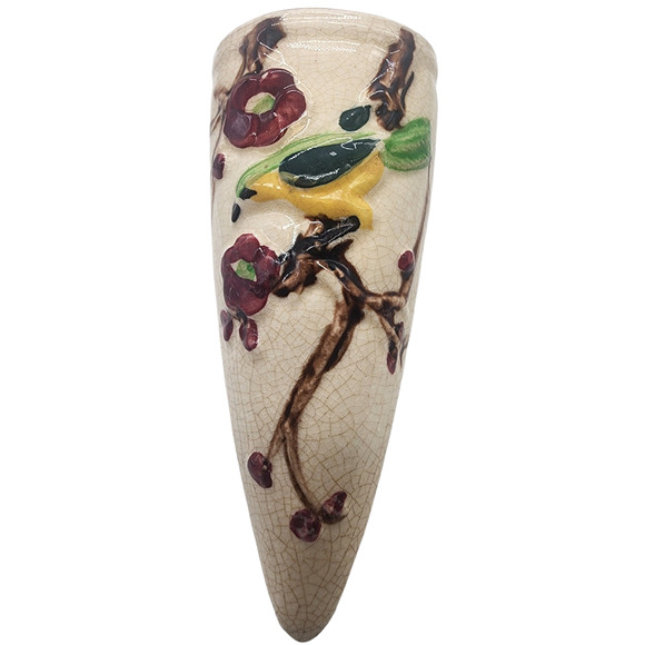 Vintage Majolica Style Bird On Branch Floral Wall Pocket Vase Japan 6 1/8” - Picture 1 of 6